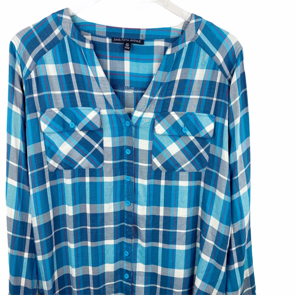 Sak’s Fifth Avenue Plaid Peasant Blouse Button Med - Picture 2 of 5